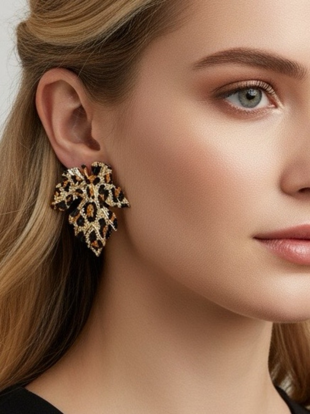Leopard Print Maple Leaf Statement Earrings Gold Fall Autumn Spooky Season Glam